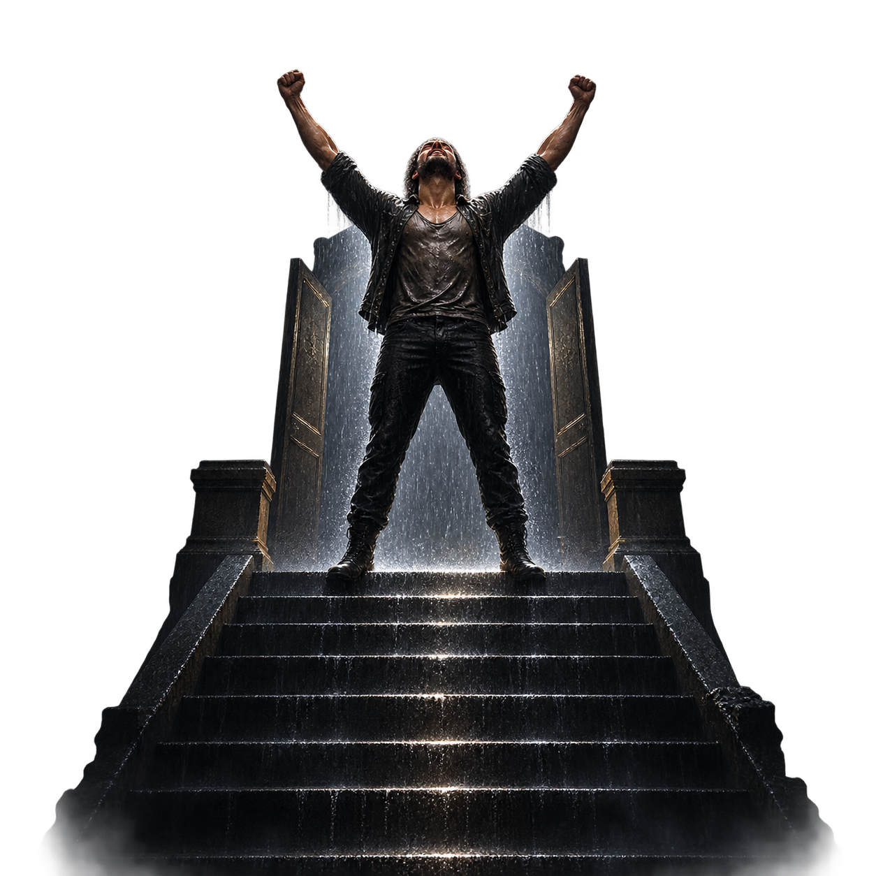 A man on stairs with arms raised